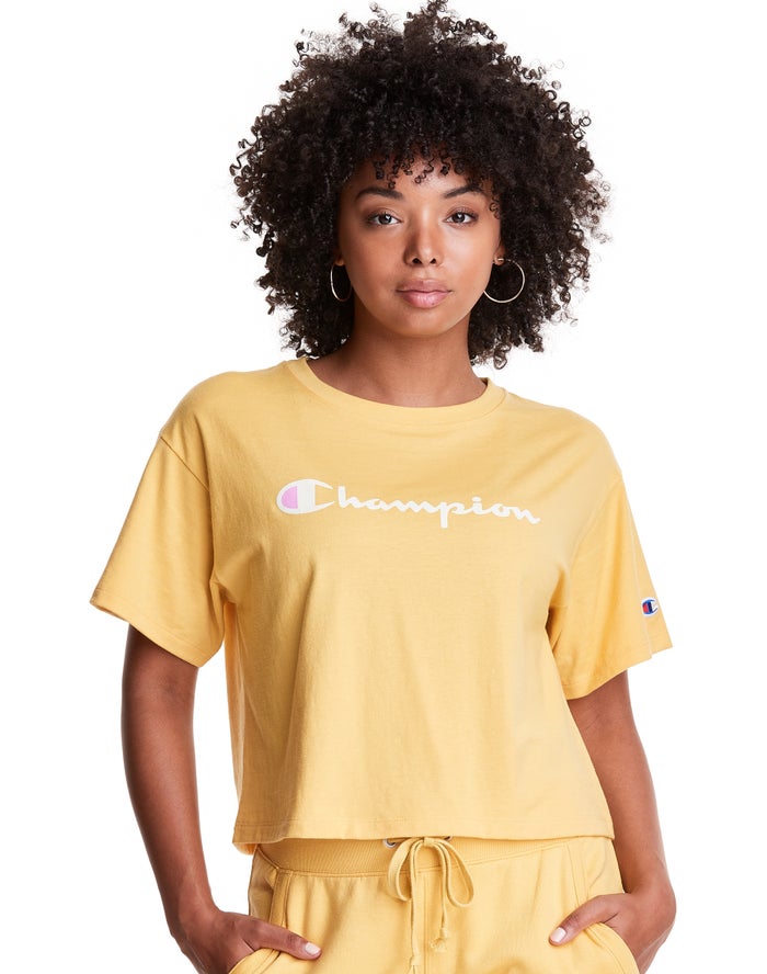 Champion T-Shirt Dames - Geel - Cropped Script Logo ( 683905-PHL )